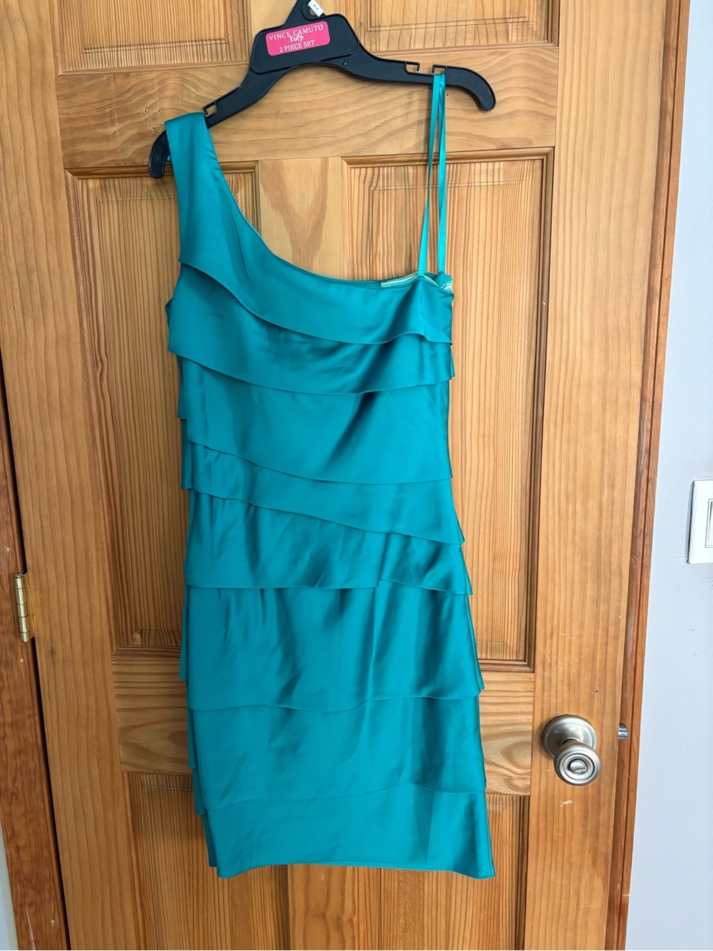 Max & Cleo Teal One-Shoulder Tiered Cocktail Dress